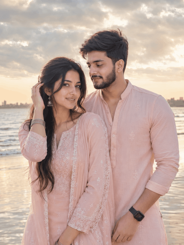Romantic Couple Beach Portrait in Pastel Pink Style