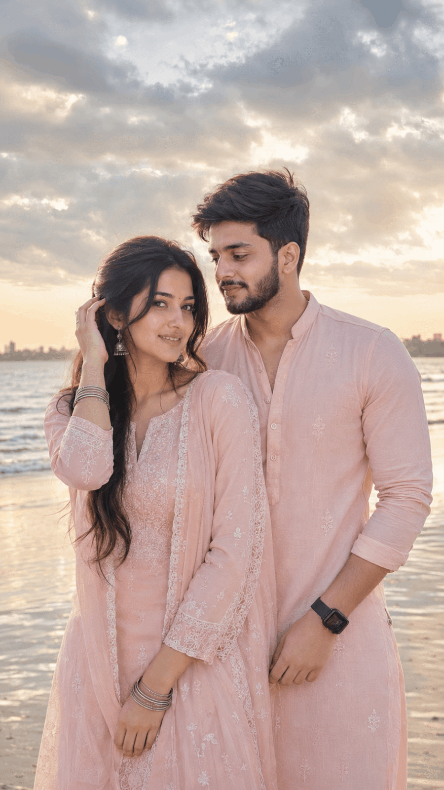 Romantic Couple Beach Portrait in Pastel Pink Style